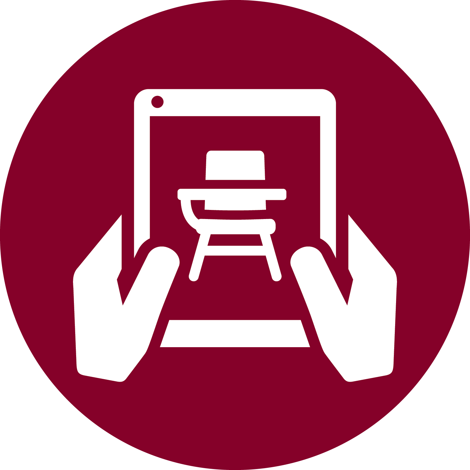 Icon of hands holding a tablet with a classroom desk on the screen