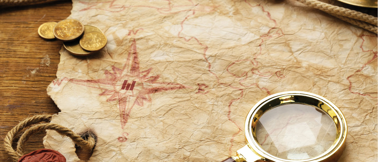 Mid-State logo on a treasure map with coins piled in the top right corner and a magnifying glass in the bottom right corner