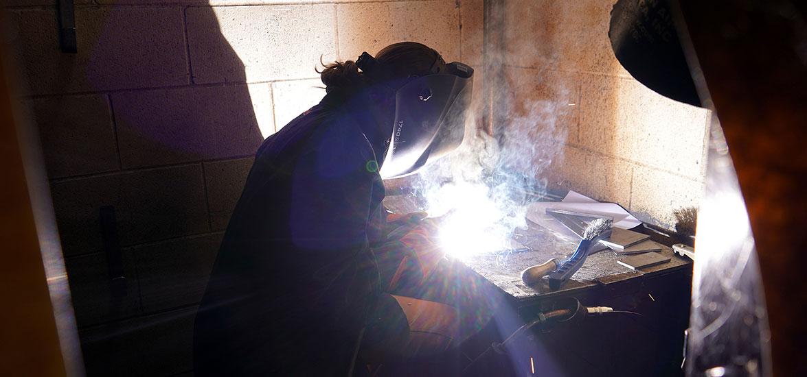 A local high school student participates in the welding event at the 2023 regional SkillsUSA competition on Mid-State Technical College’s Wisconsin Rapids Campus.