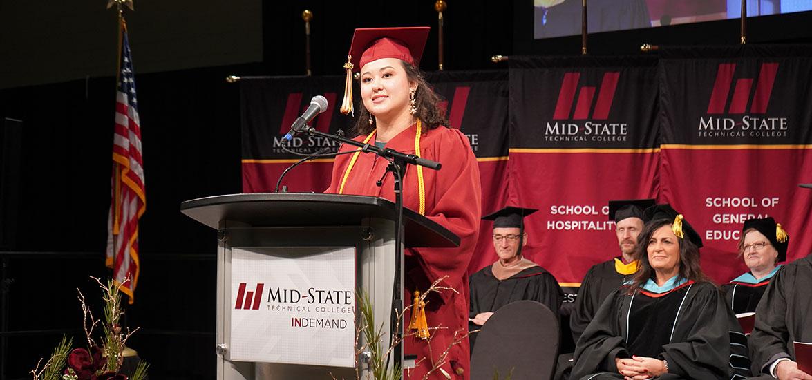 Student speaker and Phlebotomy Technician graduate Veronica Line delivers her address at Mid-State’s spring commencement on the Wisconsin Rapids Campus, Dec. 9, 2023.