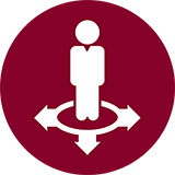 Icon of a student standing in a circle with three arrows pointing in different directions.