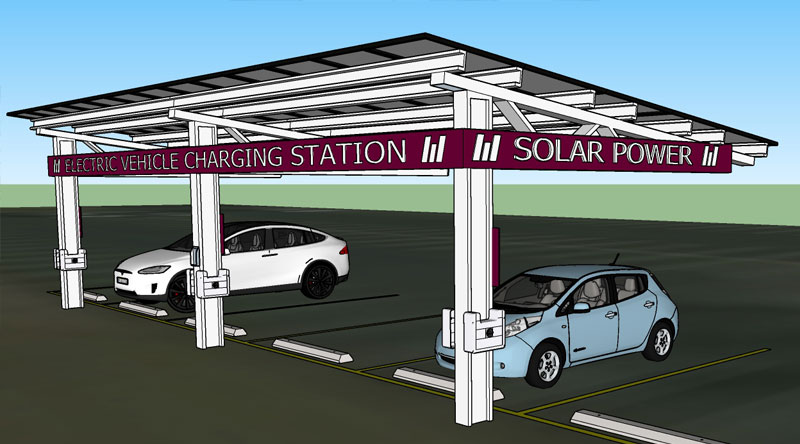 2 vehicles parked at an electric vehicle car charging station. Graphical rendering.