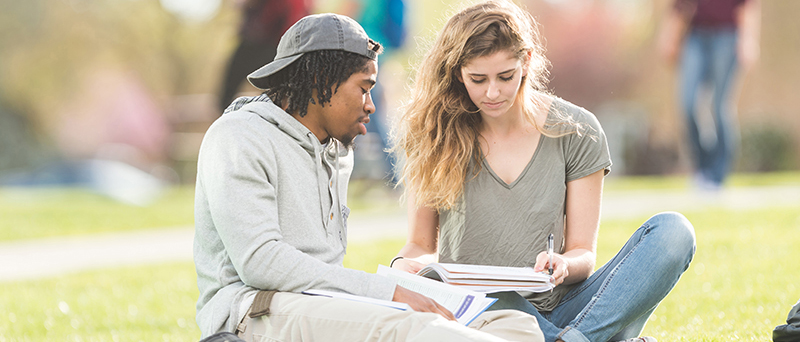 A male and female student studying while sitting on grass, blurred students walking in the background.