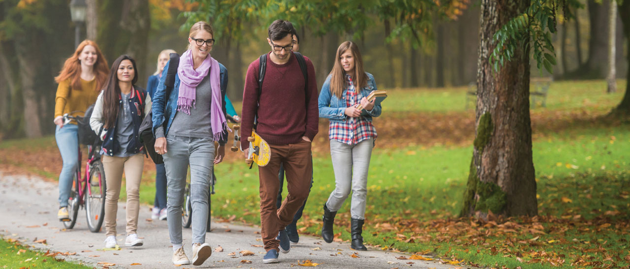 Several students talking outside on a concrete path. Trees and grass in the background.