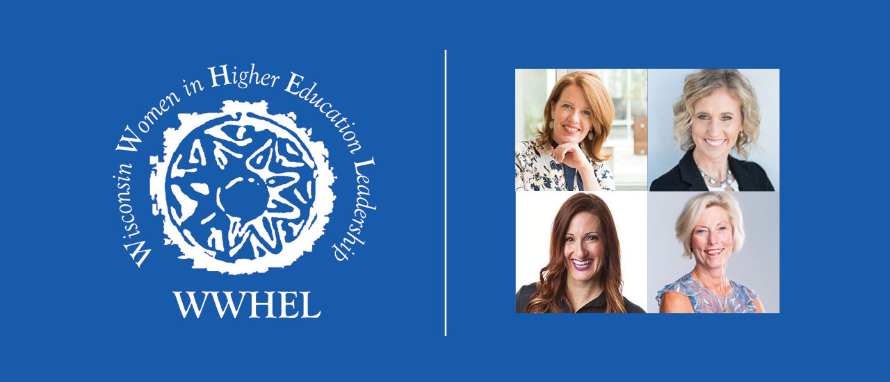 Wisconsin Women in Higher Education Leadership logo, images of 4 women to the right of logo