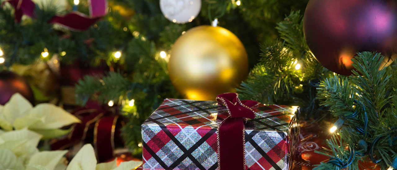 Christmas ornaments and presents sitting under a tree.