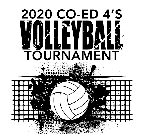 "2020 Co-Ed 4's Volleyball Tournament" text written out above a volleyball hitting a net