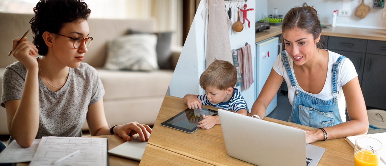 Image is divided into two images with a diagonal in the center. Woman on left sitting at coffee table looking at a laptop. Women on the right sitting at a table looking at a laptop with a child sitting next to her looking at a tablet.