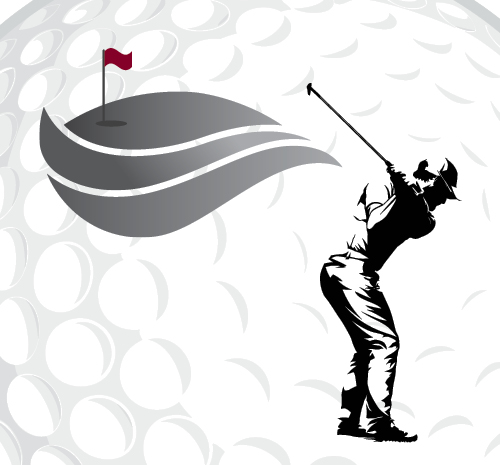 Black and white image of person swinging a golf club. In the distance is a black and white icon of a green with a red flag in it.