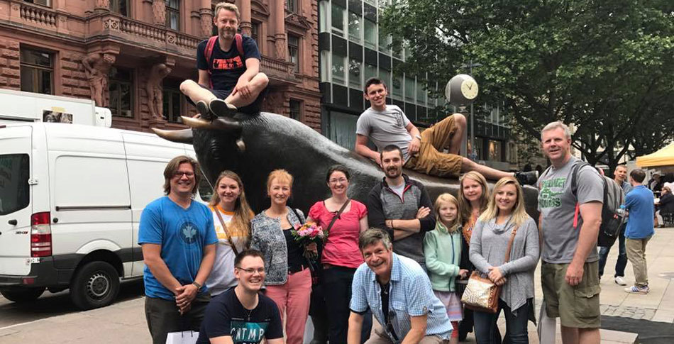Mid-State students and friends at the Bull and Bear statue in Frankfurt, Germany