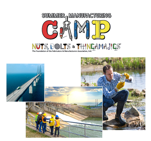 Summer Camp Nuts, Bolts & Thingamajigs® (NBT) image of long bridge over water, people in construction gear next to a damn, person taking a water sample