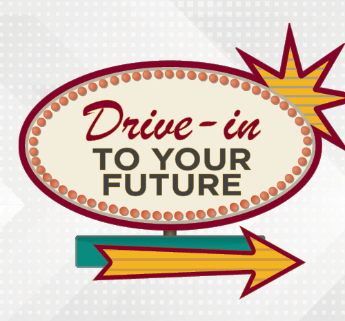 Design of a road sign with "Drive-in to your future" displayed on it and and arrow pointing to the right