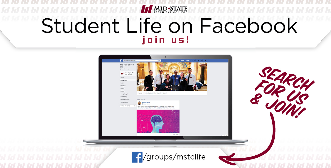 Laptop with Student Life Facebook Group up on the screen. Text reads Student Life on Facebook join us! Search for us & Join facebook.com/groups/mstclife