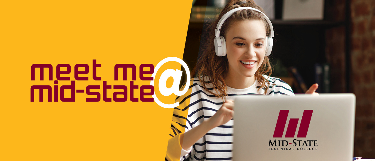 Woman sittin gat a laptop with a Mid-State Logo on the back of it. Text over image reads Meet Me @ Mid-State
