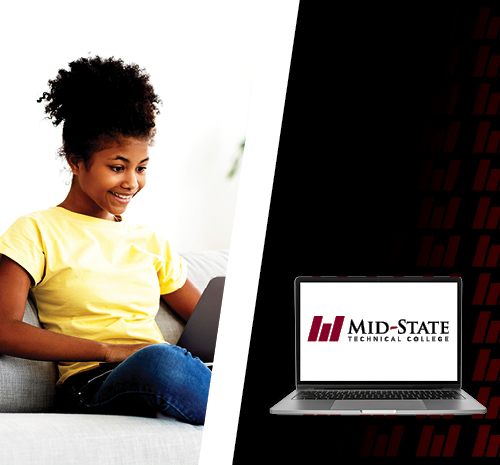 woman sitting on a couch with a laptop on her lap, image of laptop with Mid-State Technical College logo is also seen to the right