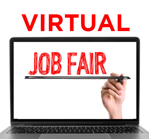 Laptop screen with Job Fair written on it, the word Virtual is above the laptop.