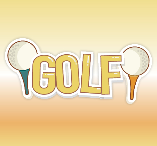 the word golf surrounded by 2 balls on top of tees. The left tee is green the right tee is orange