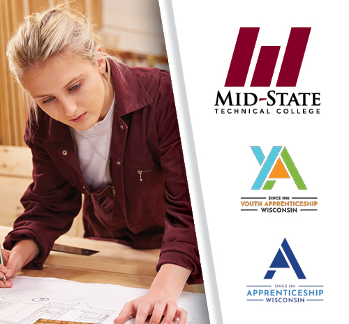 Woman leaning over a desk drawing schematics. Mid-State Technical College Logo. Youth Apprenticeship Wisconsin Logo, Apprenticeship Wisconsin Logo.