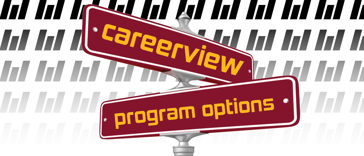 Image of two street signs with the words "careerview" and "program options"