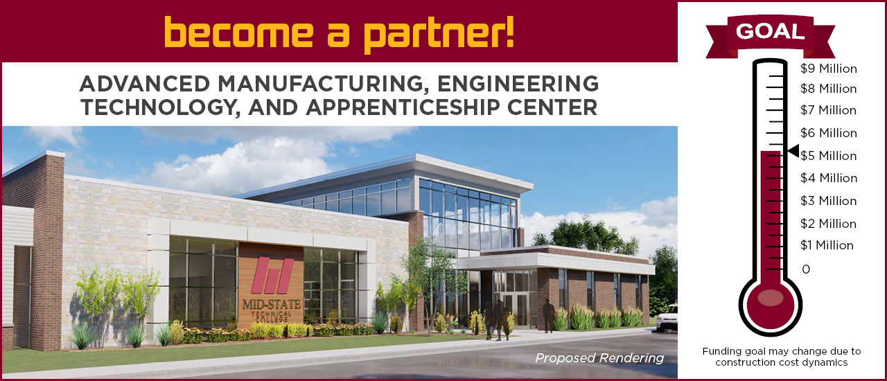 Rendering of the Advanced Manufacturing, Engineering, Technology and apprenticeship center. Thermometer with the word GOAL at the top. There are tickmarks along the right side of the thermometer going from 0 to 9 million. there is an arrow pointing to $5,250,000. Funding goal may change due to construction cost dynamics.