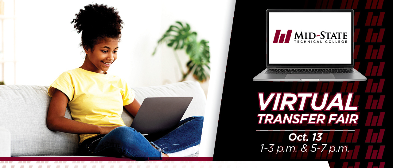woman sitting on a couch with a laptop in her lap. Virtual transfer fair Oct 13, 1-3 p.m. & 5-7 p.m.