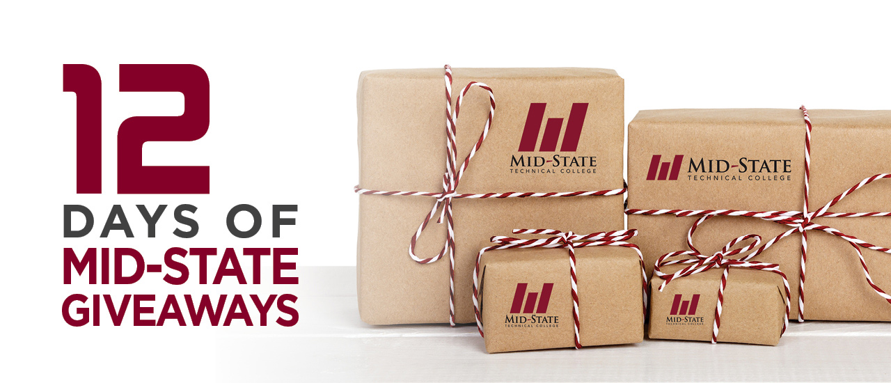12 days of mid-state giveaways. brown paper packages with Mid-State logo and ribbon on them
