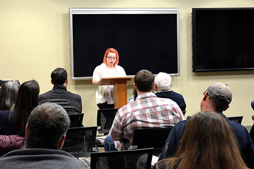 A Mid-State student stands at podium in front of a seated audience and reads aloud from her submission at the 2019 Wisconsin Writers Connect event on the College’s Stevens Point Campus. This year’s event is set to take place on April 14.