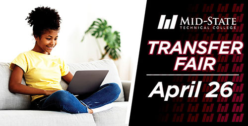 woman sitting on a couch with a laptop on her lap. Transfer Fair April 26