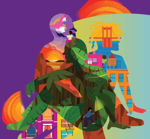 In front of a purple background with bright red and orange brushstrokes are three silhouettes of people sitting. One silhouette contains a canyon sunrise, one contains a dense jungle, and the third a city landscape. Within each silhouette is a person exploring their environment. The event title is in block text underneath the logo for Art With Impact.