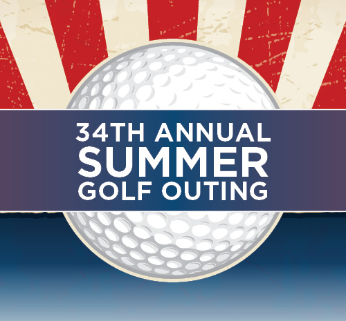 34th Annual Summer Golf Outing. Golfball with white and red stripes behind it