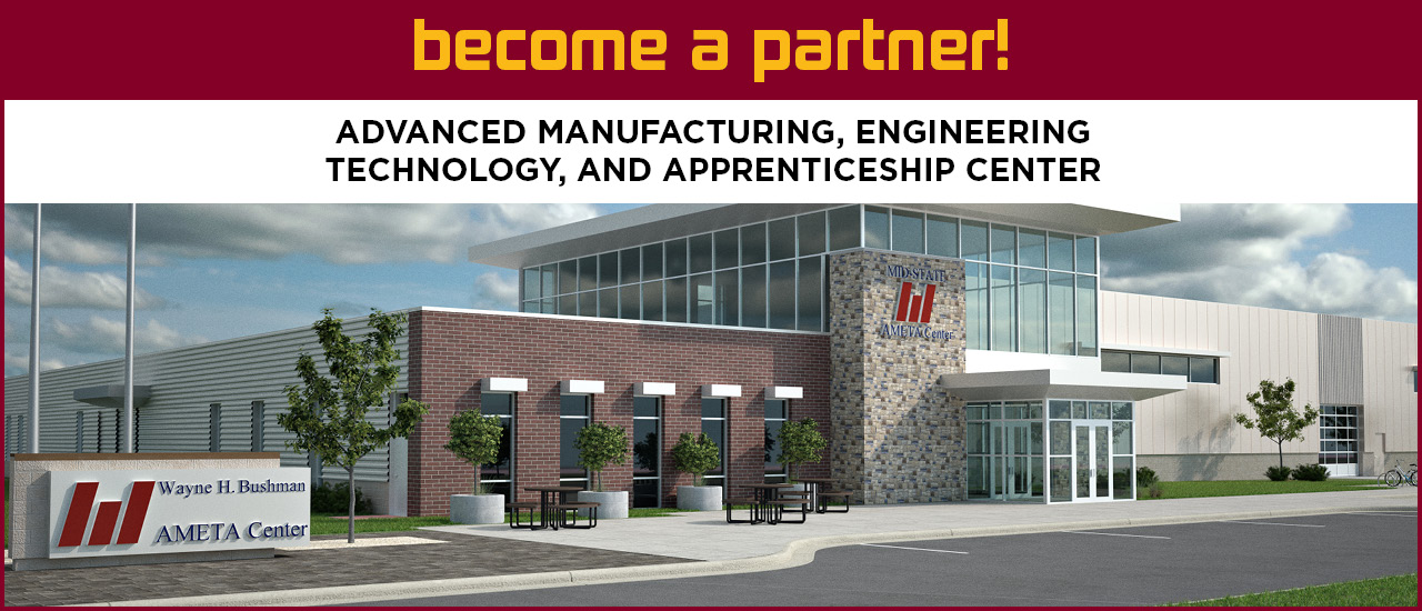 Wayne H. Bushman AMETA Center building rendering. Become a partner. Advanced Manufacturing, Engineering Technology, and apprenticeship center.