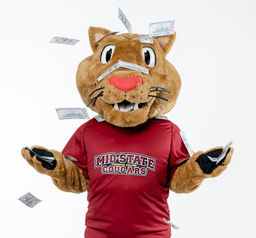 Mid-State Mascot Grit with money in the air around them