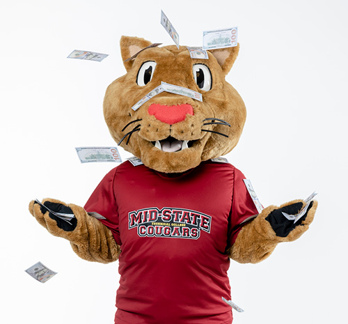 Mid-State mascot Grit with money tossed in the air around them