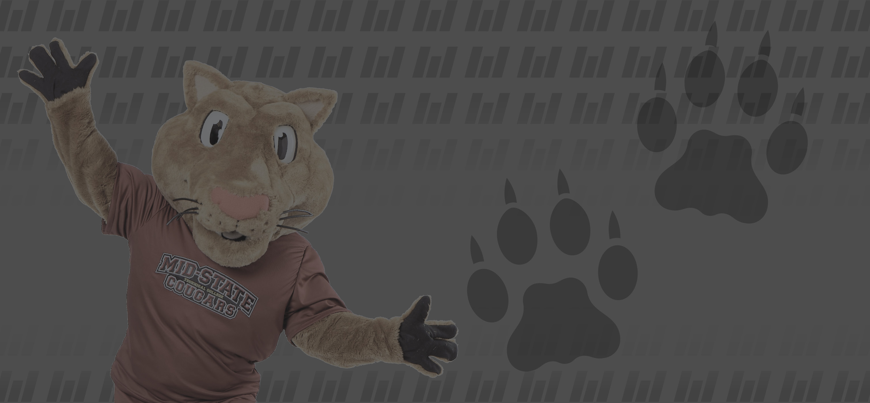 Mid-State Mascot grit with paw in the air. 2 paw icons to the right.