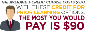 The average 3-credit course costs $570 with these credit for prior learning options, the most you would pay is $90