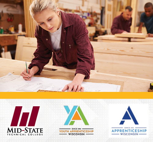 Person working with a floor plan on a table. Youth Apprenticeship Wisconsin Logo. Apprenticeship Wisconsin Logo.