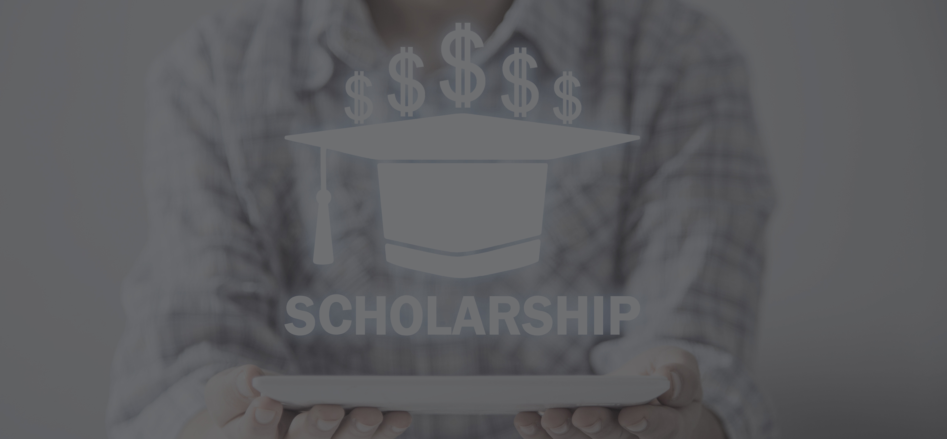 person holdin ga tablet with an icon of a graduation hat floating above it with the $$$$$ above the cap and the word scholarship below it