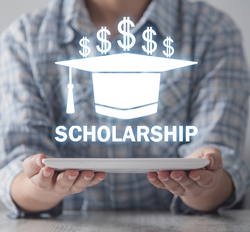 Person holding a tablet with an icon floating above it of a graduation cap with $$$$$ above it and the word Scholarship below it