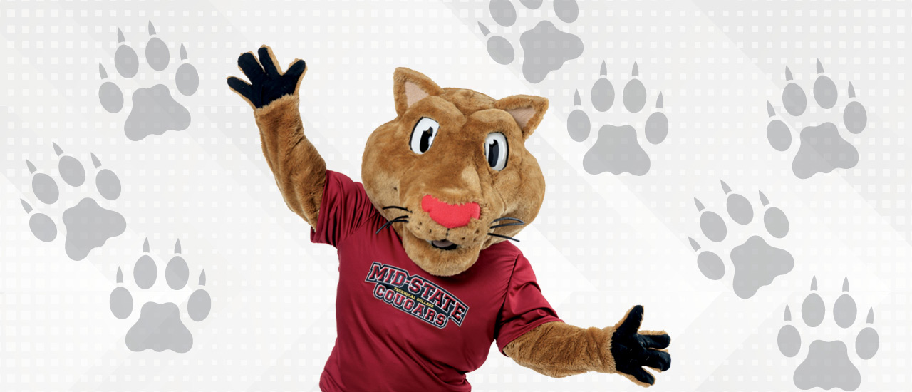 Mid-State Mascot Grit with Paws in the air. Cougar paw icons surround him