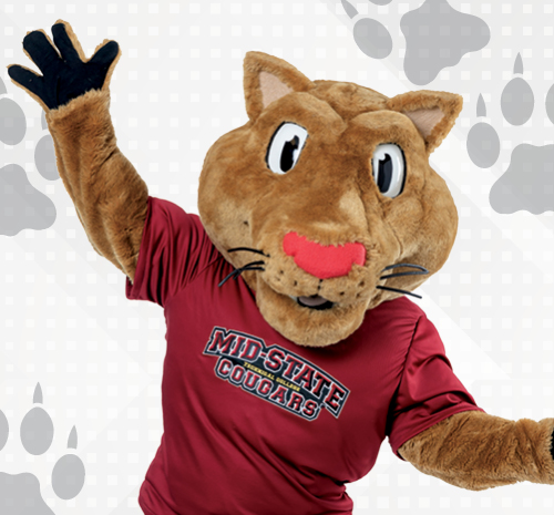 Mid-State mascot Grit with paws in the air. Cougar icons surround them.