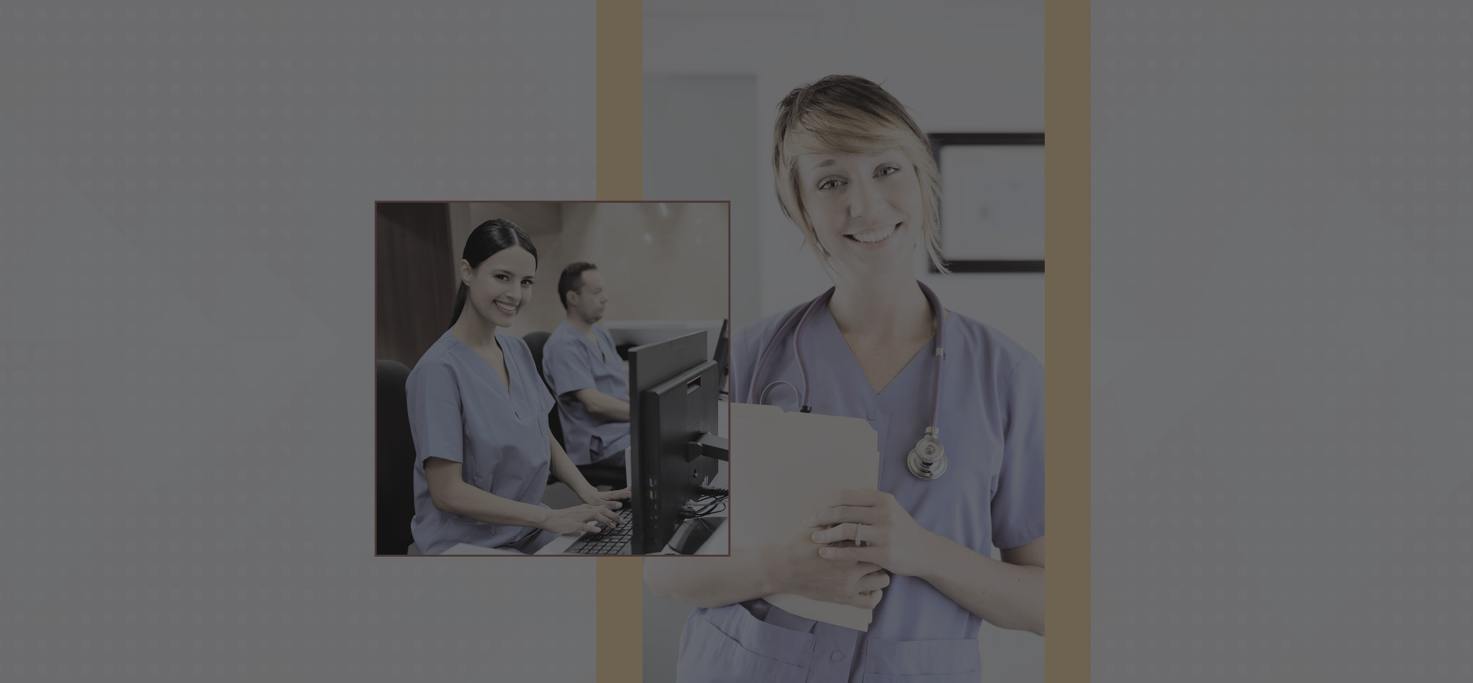 2 people in scrubs working at computers. another person in scrubs with a stethoscope standing with a folder looking at camera