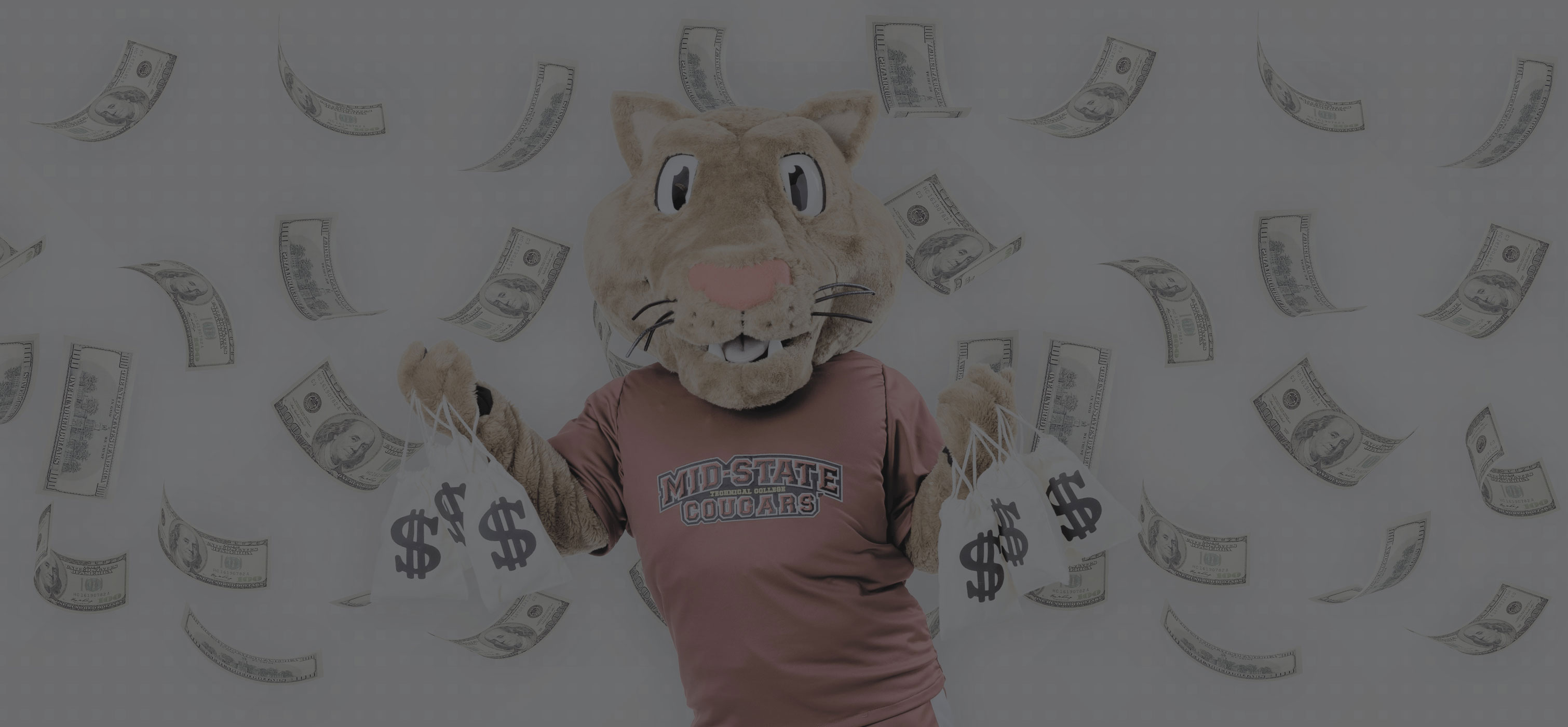 Mid-State Mascot Grit holding bags of money. Money is falling down from the sky around Grit as well.