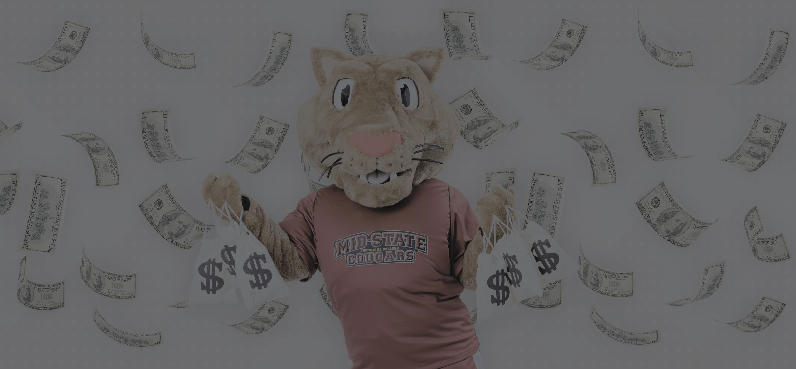 Mid-State Mascot Grit holding bags of money. Money is falling down from the sky around Grit as well.