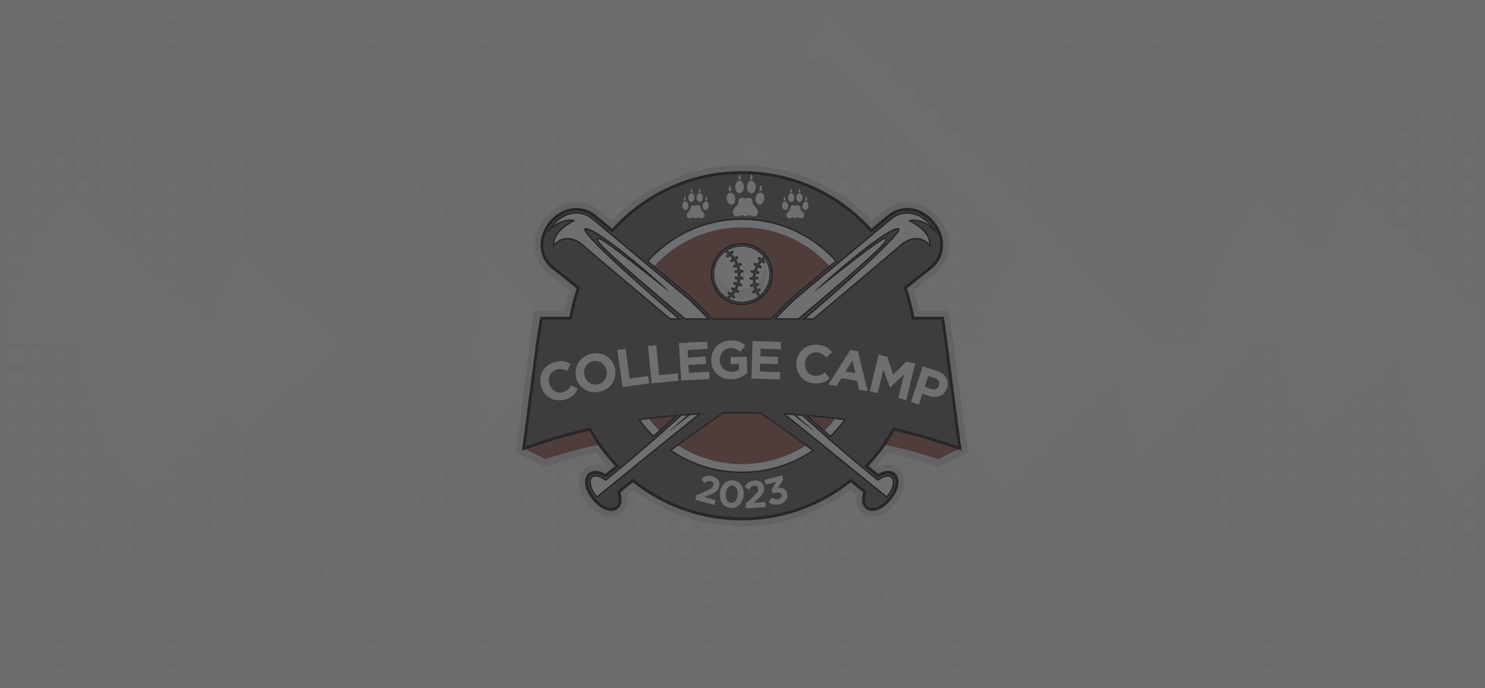 College Camp 2023 logo. Baseball themed. 2 bats and baseballs with cougar paws above.