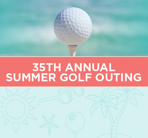 Golf ball on a tee with the words 35th Annual Summer Golf Outing under it.