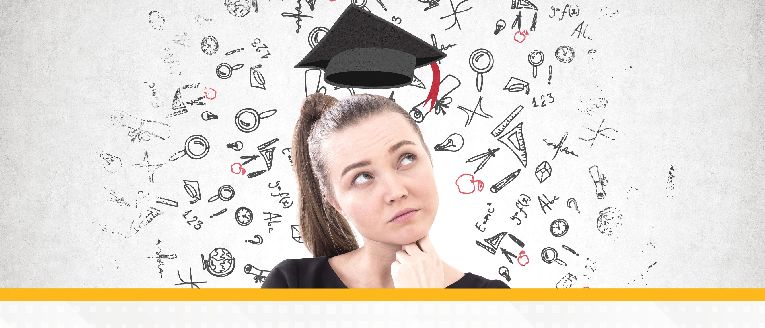 Girl thinking with drawings of school supplies and a graduation cap