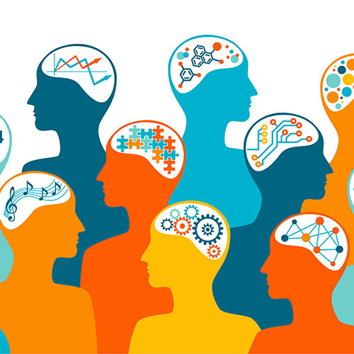 Image depicting the different ways that people's brains work. Some may think musically, in numbers, or analytically.