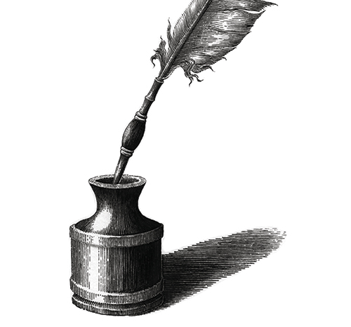 Drawing of a feather quill pen sitting in an ink container