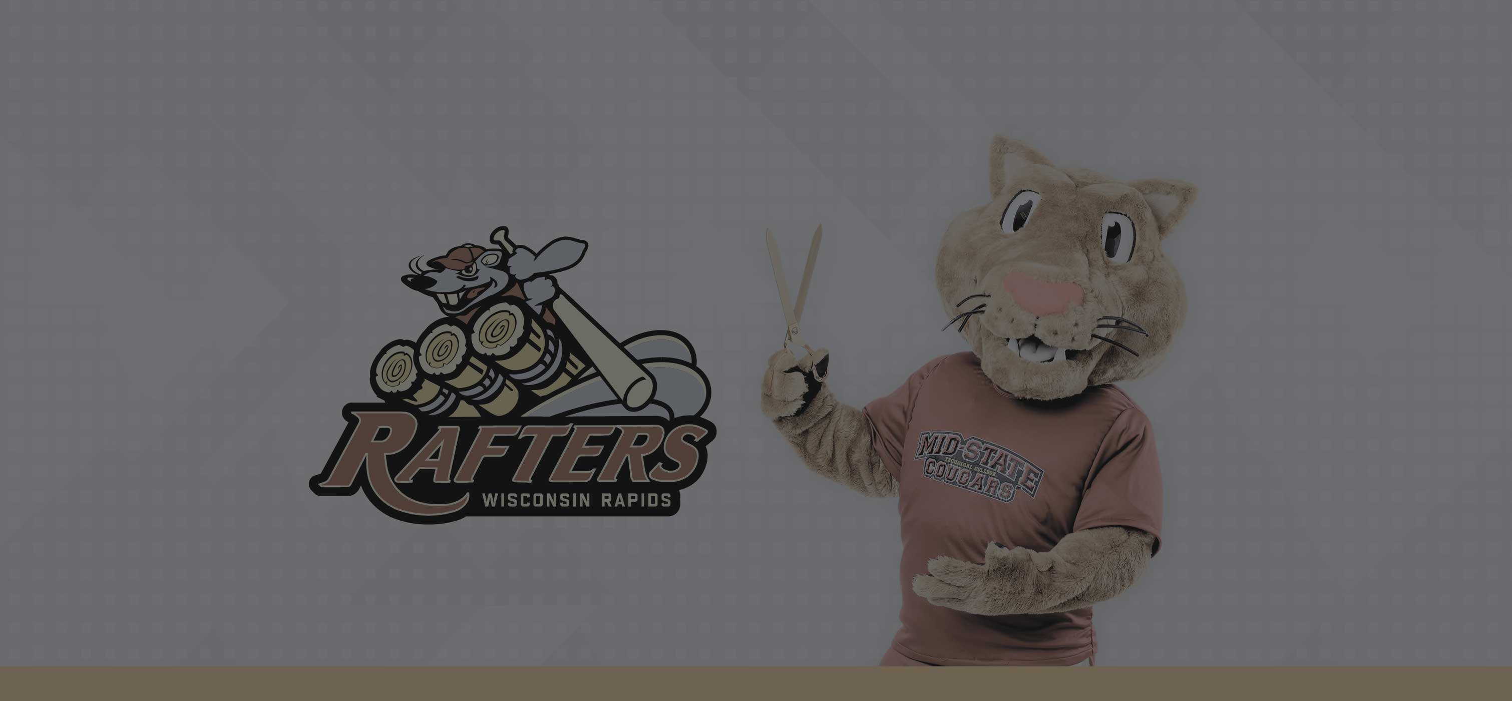 Mid-State mascot Grit holding a scissors next to Wisconsin Rapids Rafters logo