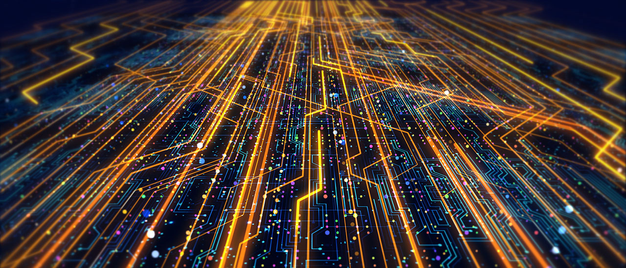 digital representation of circuitry with neon lights